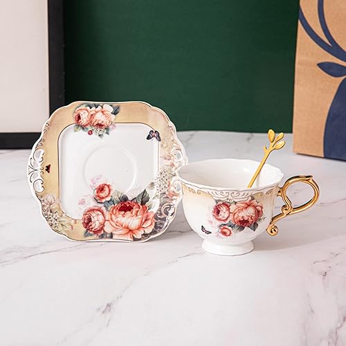 Miniatura 6 de fanquare Juego de taza de té y platillo gris de 7 onzas, taza de café de porcelana floral con mango dorado, platillo cuadrado, cuchara, taza de té