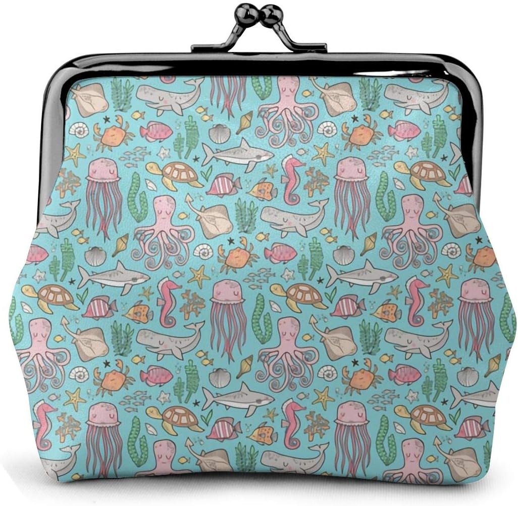 Octopus Ocean Life Blue Seahorse Cute Vintage Pouch Girl Kiss-lock Change Purse Wallets Buckle Leather Coin Purses Key Woman Printed Unique Design