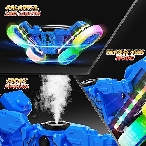 Miniatura 5 de Juguetes de autos a control remoto, 2 en 1, auto transformado 4WD con spray y luces LED, camión de acrobacias todoterreno de 2.4 GHz para giros