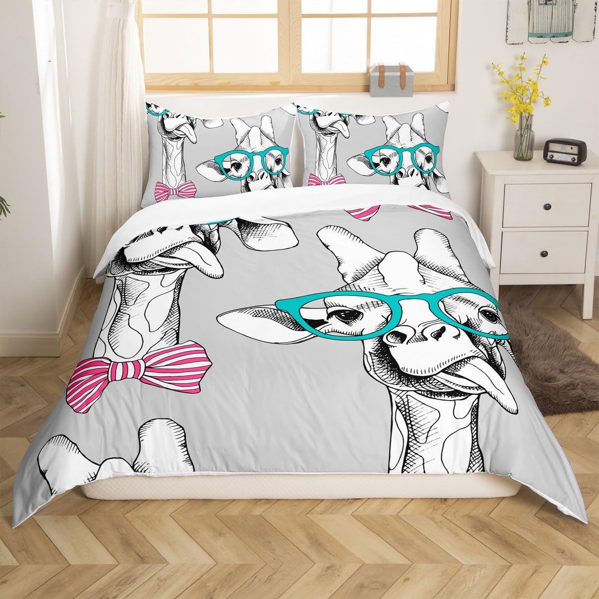 Loussiesd Giraffe Bedding Setfor Girls Girly Cute Animals Duvet Cover,Lovely Bow Deer Comforter Cover Child Kids Bedroom Quilt Cover Ultra Soft Microfiber Funny Gift Decor 2 Pcs Junior/Cot Bed - Image 4