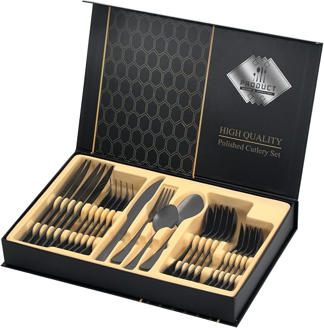 Black Silverware Set, 24-Piece Stainless Steel Flatware Service for 6, Mirror Finish Cutlery Set with Gift Box