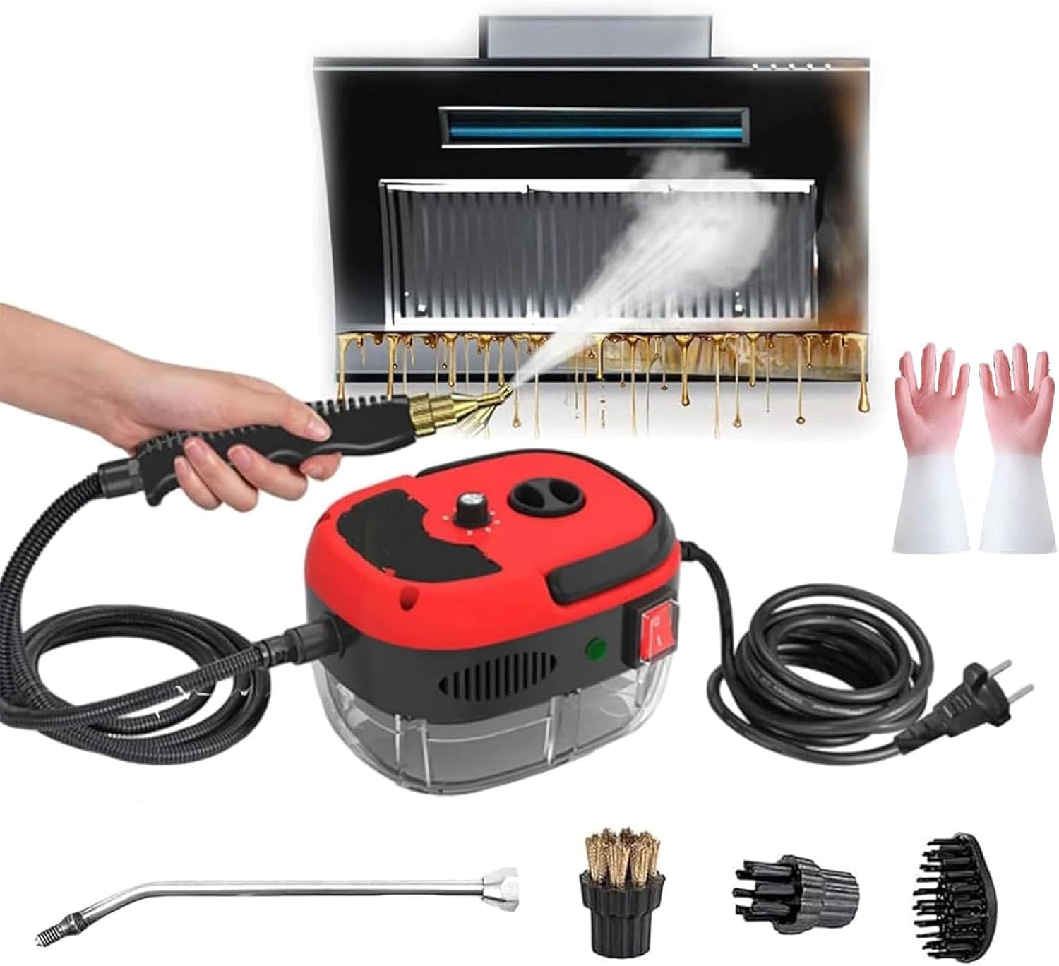 2500w Handheld High-Temperature Pressurized Steam Cleaner, Portable Multi-Surface Steamer with 10 Accessories, Surface Strong Suction for Car Engine Furniture, Kitchen, Bathroom(Red)