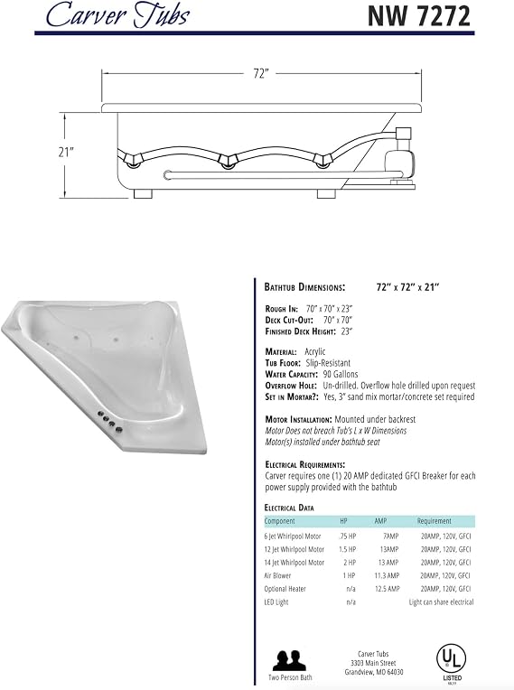 Carver Tubs - NW7272 - Acrylic Fiberglass Triangle Soaking Bathtub - Chrome Drain and Center Slotted Overflow Included - Arm Cutout Two Person White Acrylic Curved Corner Tub - 72L x 72W x 21H