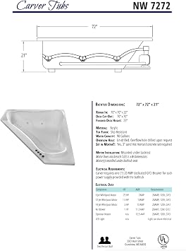 Carver Tubs - NW7272 - Acrylic Fiberglass Triangle Soaking Bathtub - Chrome Drain and Center Slotted Overflow Included - Arm Cutout Two Person White Acrylic Curved Corner Tub - 72L x 72W x 21H