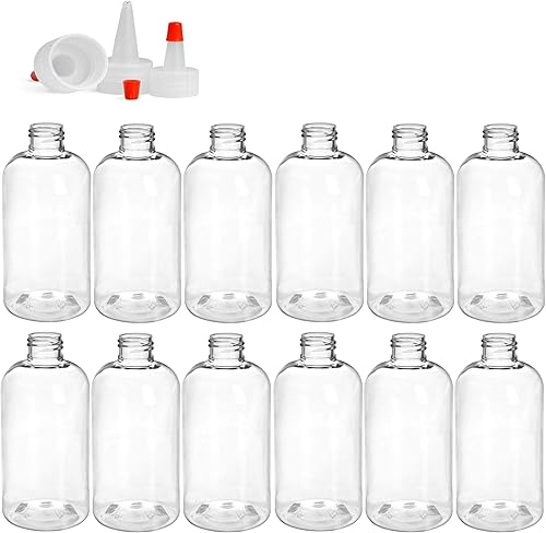 Botellas redondas Boston de 8 onzas, de plástico PET, vacías, rellenables, sin BPA, con punta roja natural Yorker tapas de boquilla para apretar