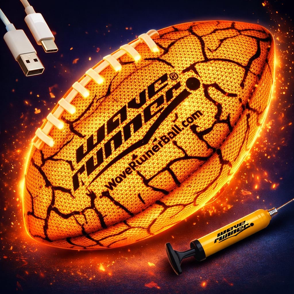 Wave Runner Glow in The Dark LED Football - Junior Size Waterproof Light Up Football, Type-C Rechargeable with Pump, Outdoor Sports Toy for Kids, Teens, and Adults