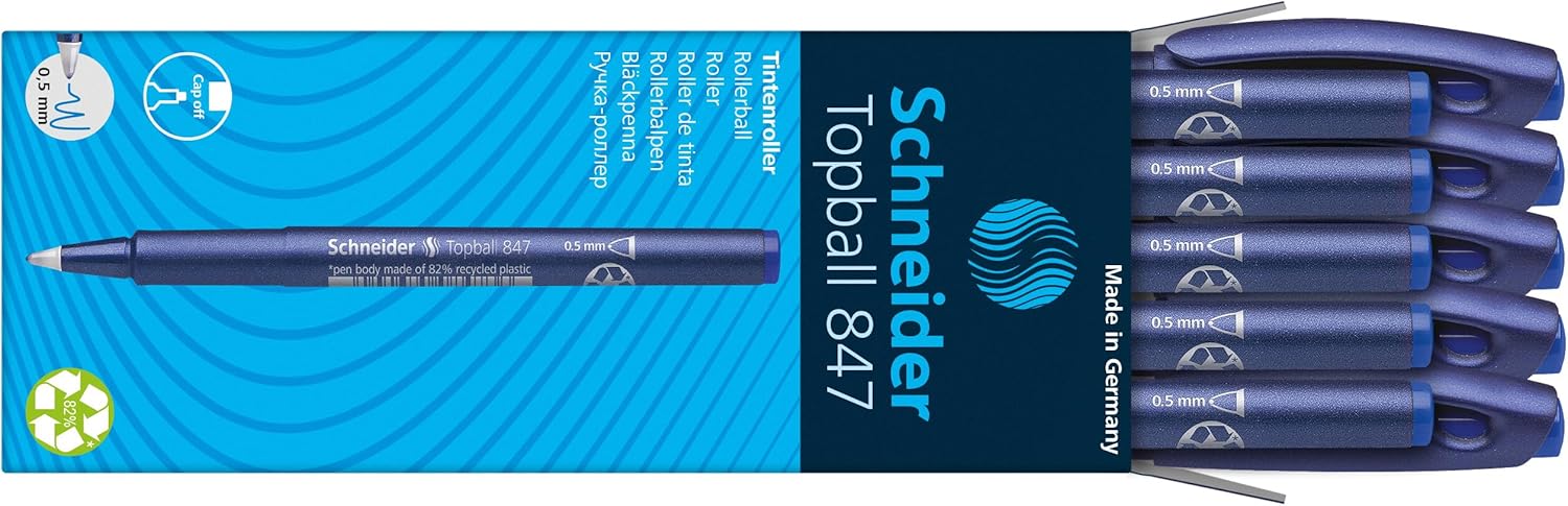 Schneider Topball 847 Ink Roller Pen with Solid Metal Tip 0.5 mm Blue Pack of 10