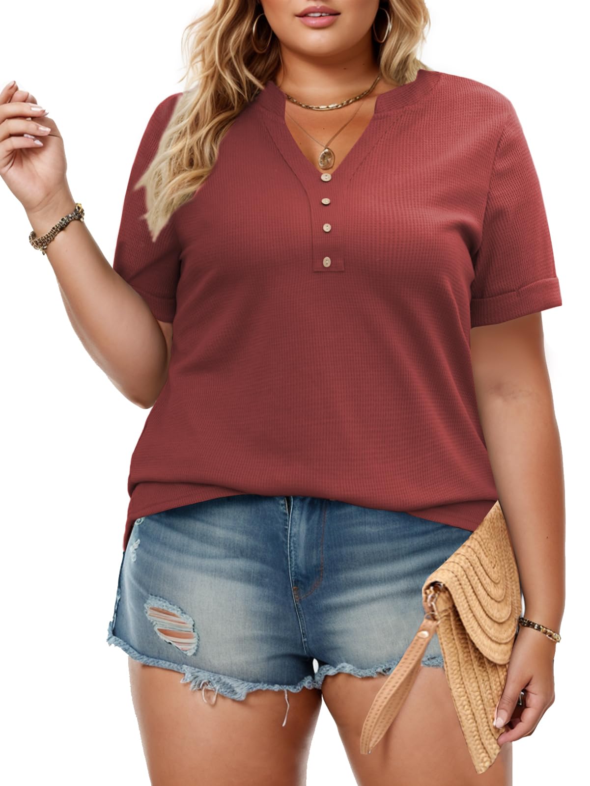 DOLNINEPlus Size Short Sleeve Tops for Women Summer Notched Neck Buttons Up T-Shirt