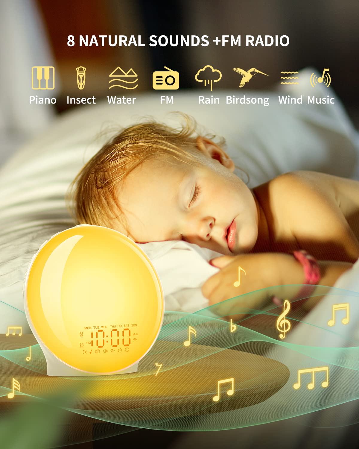 Réveil Lumineux, Simulateur d'Aube Grand Écran, Lampe de Chevet Veilleuse | 14 Couleurs, 20 Niveaux de Luminosité, Double Alarme, 8 Sons Naturels, Radio FM, Snooze, Port USB pour Enfant Adulte