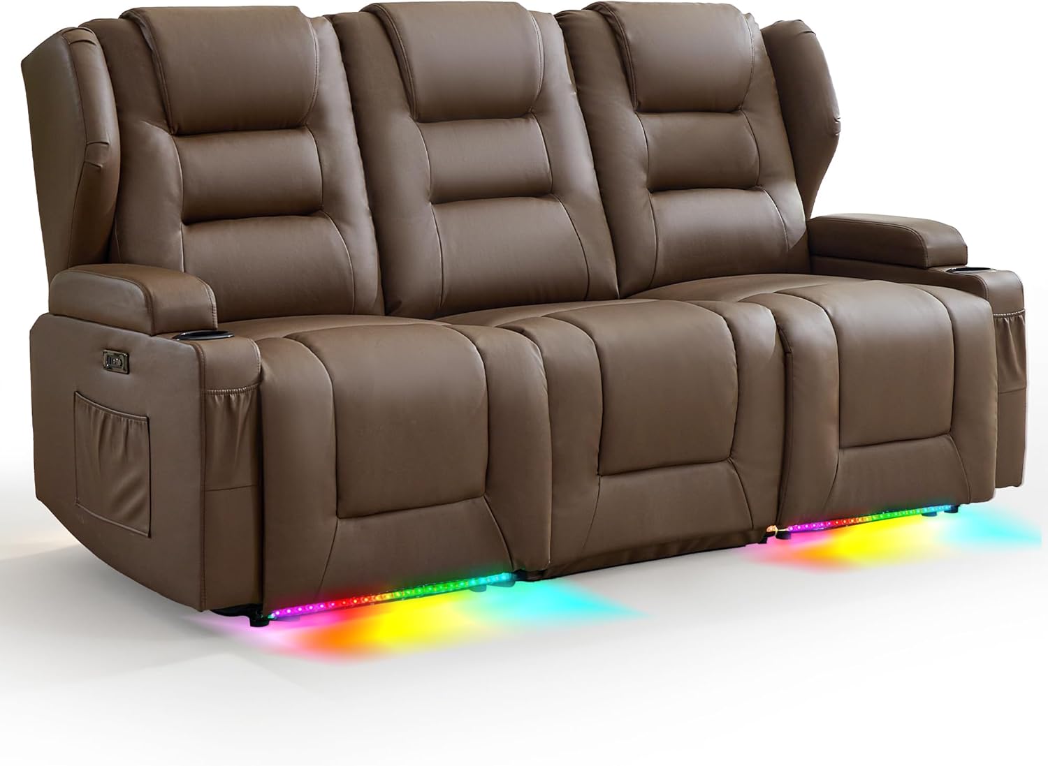 DRMBOOK RV Power Loveseat Recliner Sofa, Faux Leather 3-Seater Wall Hugger Reclining Sofa, Home Theater Seating Chair with Cup Holders, 3 Person Couch RV Furniture for Living Room, Light Tan