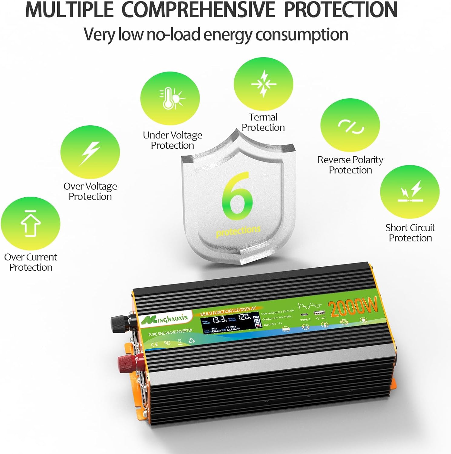 2000W Pure Sine Wave Inverter - Car Power Inverter 12V to 110V,Surge 4000W, Over 95% Efficiency, 2 AC Outlets, LCD Display, 3.0 USB&Type-C Ports, Remote Control, Converter for RV, Home, Solar, Outdoor