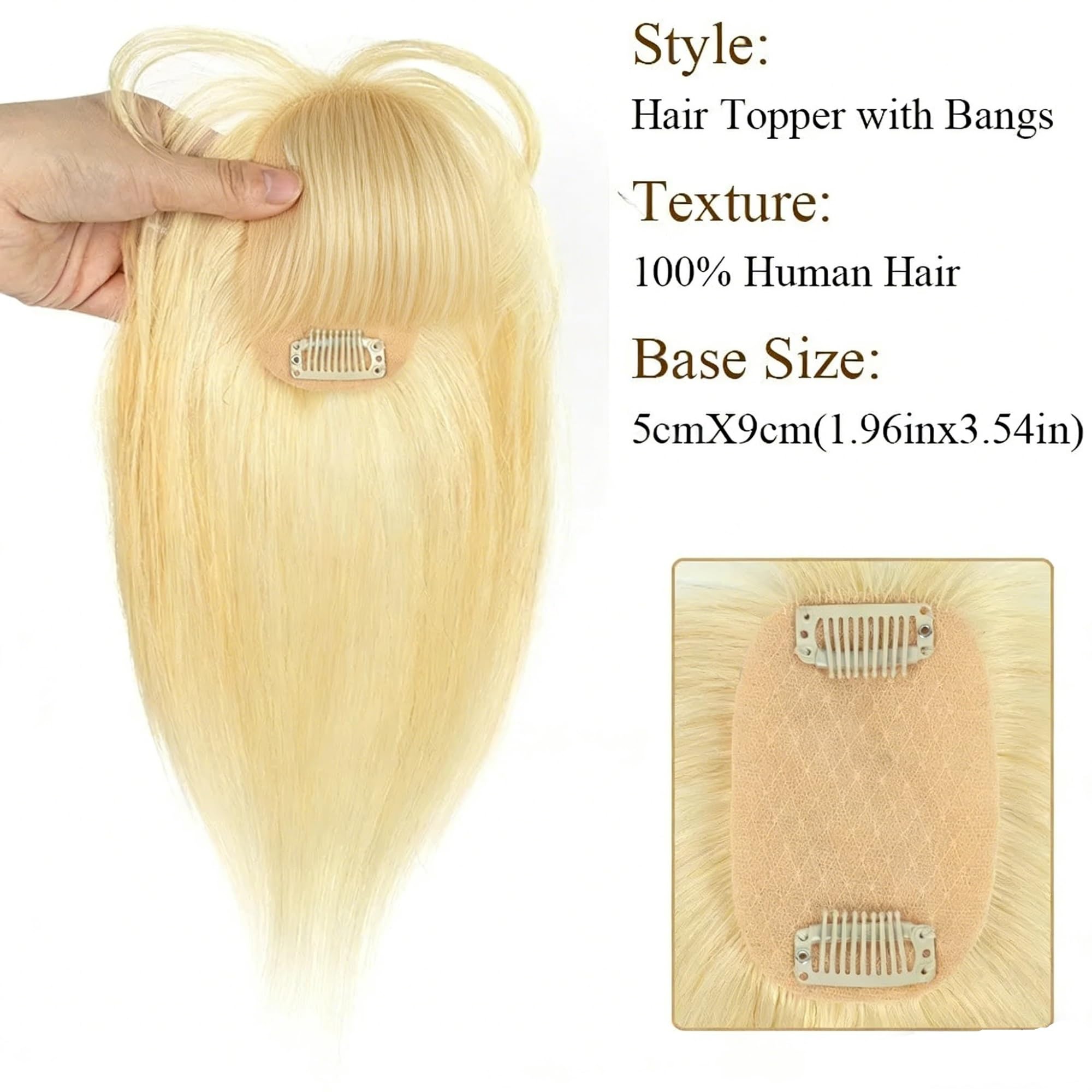 Topper para el pelo de 5 x 9 cm con flequillo, pinza para el pelo marrón y con puntos destacados para mujer (10 inches 25 cm, Light Blonde)