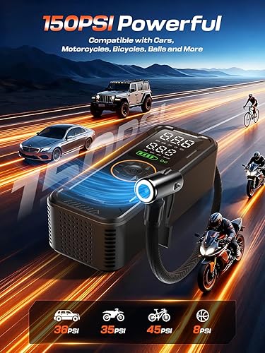 Miniatura 3 de Inflador de neumáticos, compresor de aire portátil, bomba de aire eléctrica de 150 PSI con medidor de presión digital, inflado rápido, apagado