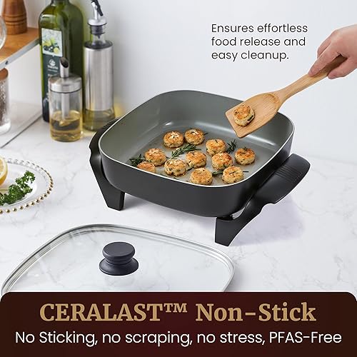 Miniatura 5 de Elite Gourmet Ceralast Ceralast - Sartén eléctrica antiadherente de cerámica antiadherente de 12 x 12 x 3 pulgadas, apto para lavavajillas, plato