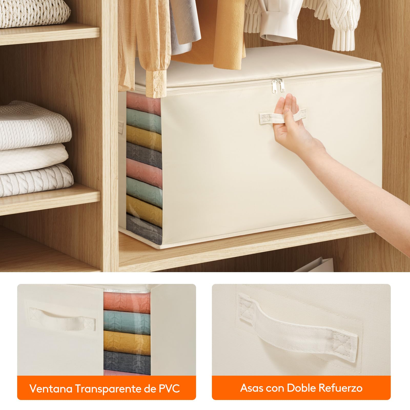 Lifewit Juego de 4 Cajas Almacenaje Ropa 90L, Bolsas Plegables para Guardar Ropa con Ventana Transparente, Bolsas Almacenaje para Armario, Edredón, Mantas y Mudanza, Beige