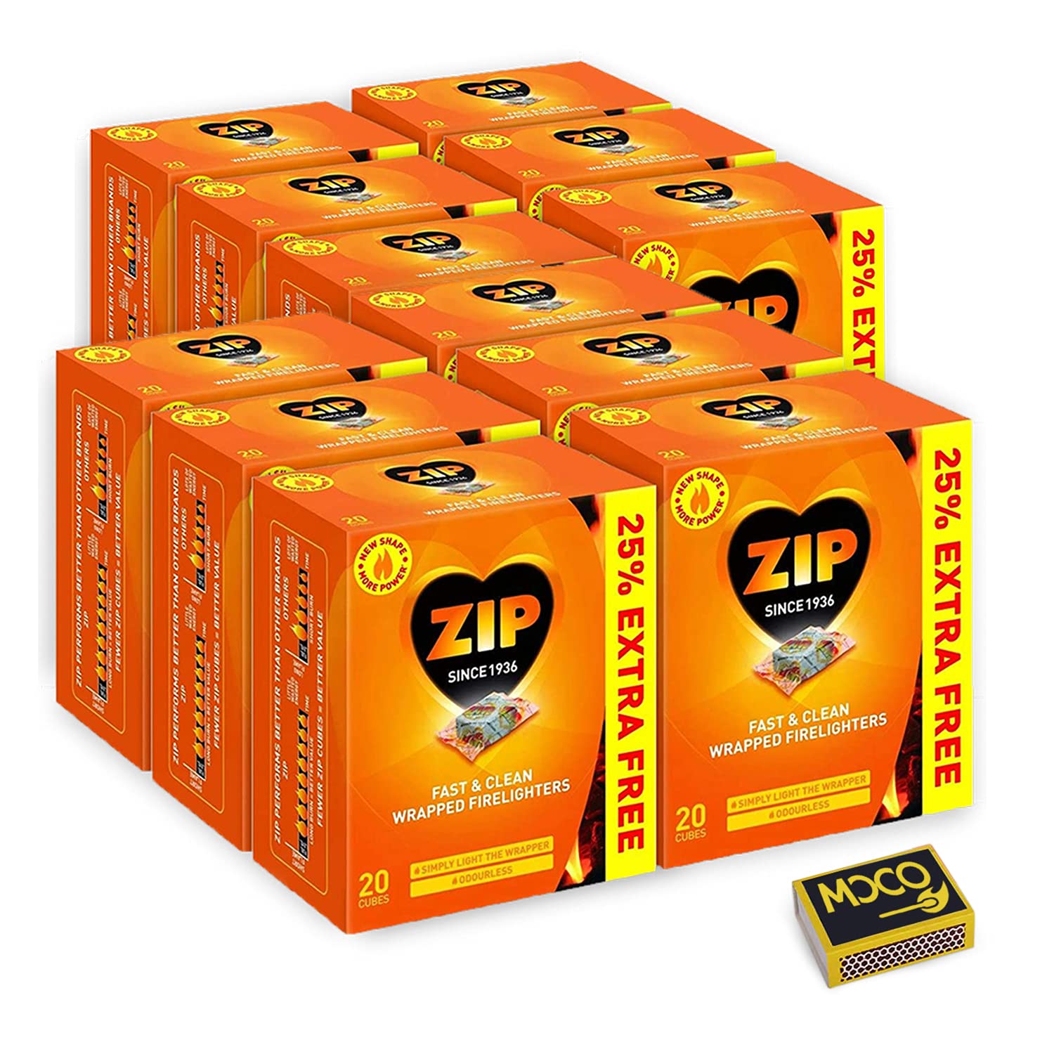 ZipFast & Clean Wrapped Fire Lighters- Powerful & Reliable Fire Starter for Open Fires- Odourless Fire Cube for BBQs, Stoves & Burners- (12 Pack X 20 Cubes)