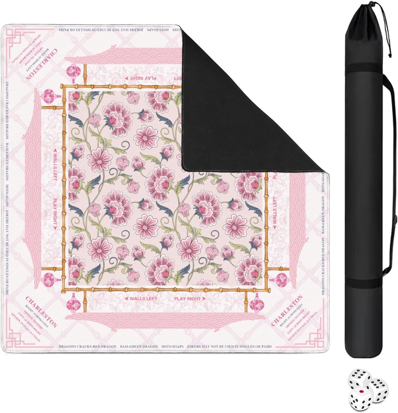 Mahjong Mat for Table with Carrying Bag & 3 Dice, Beige Pink Floral 31.5"x31.5" Square Rubber Mahjong Table Cover, Non-Slip & Noise Reduction Gaming Mat for Mah Jongg, Poker, Dominoes & Tile Games
