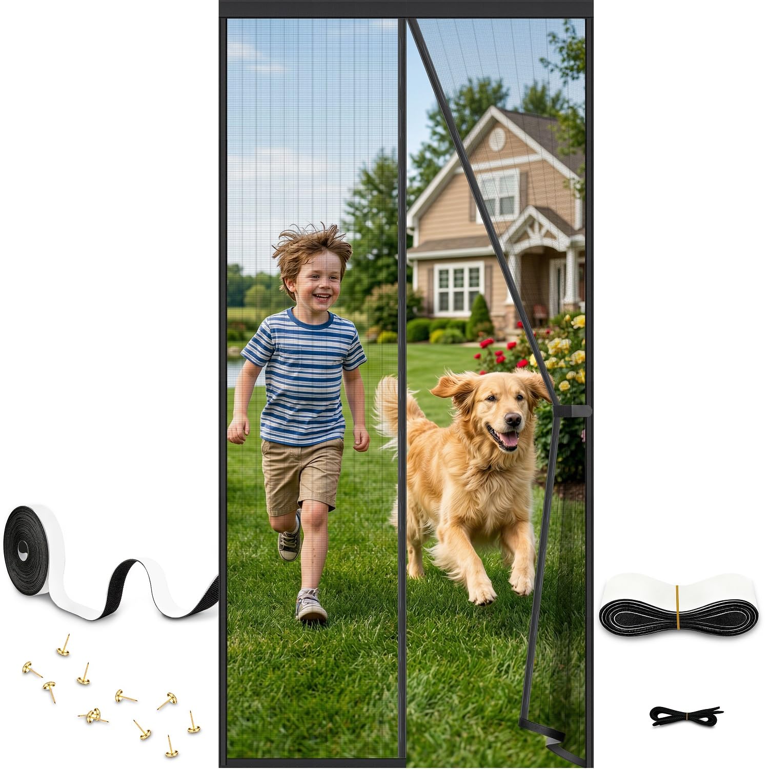 Auxmir Magnetic Fly Screen Door 90x210cm, 4cm Wider Full Frame Heavy Duty Magic Tape, No Drill Self-Sealing Hands Free Mesh, Powerful Magnets, Anti Mosquito & Bugs for Patio/French Door, Black