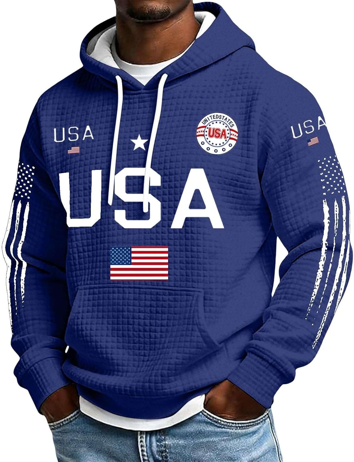 Men's USA 250th Anniversary Hoodie 1776-2026 Patriotic American Flag Waffle Print Hooded Sweatshirt