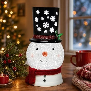 Snowman Snow Globe Water Spinning LED Lighted Snowman Moments in Time Battery Operated Christmas Tabletop Decoration Festive Glitter Globe Holiday Decor Gift 9.4H x 5.5W x 4.8D