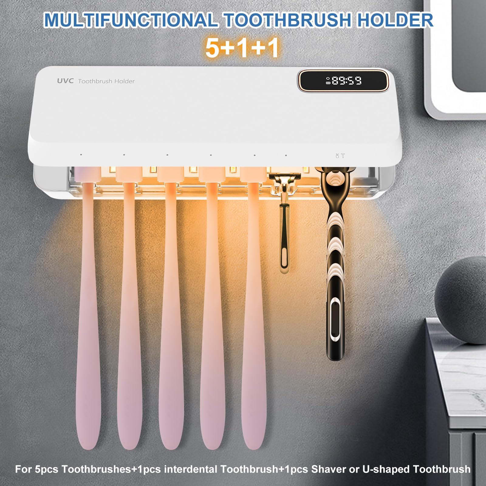 UV-Zahnbürste Sanitizer, 5+1+1 UV Zahnbürste Sterilisator, Toothbrush Sanitizer Zahnbürstenhalter mit Trocknen, USB Aufladbar und Timing Funktionen Zahnbürsten-Desinfektionsmittel (Weiß)