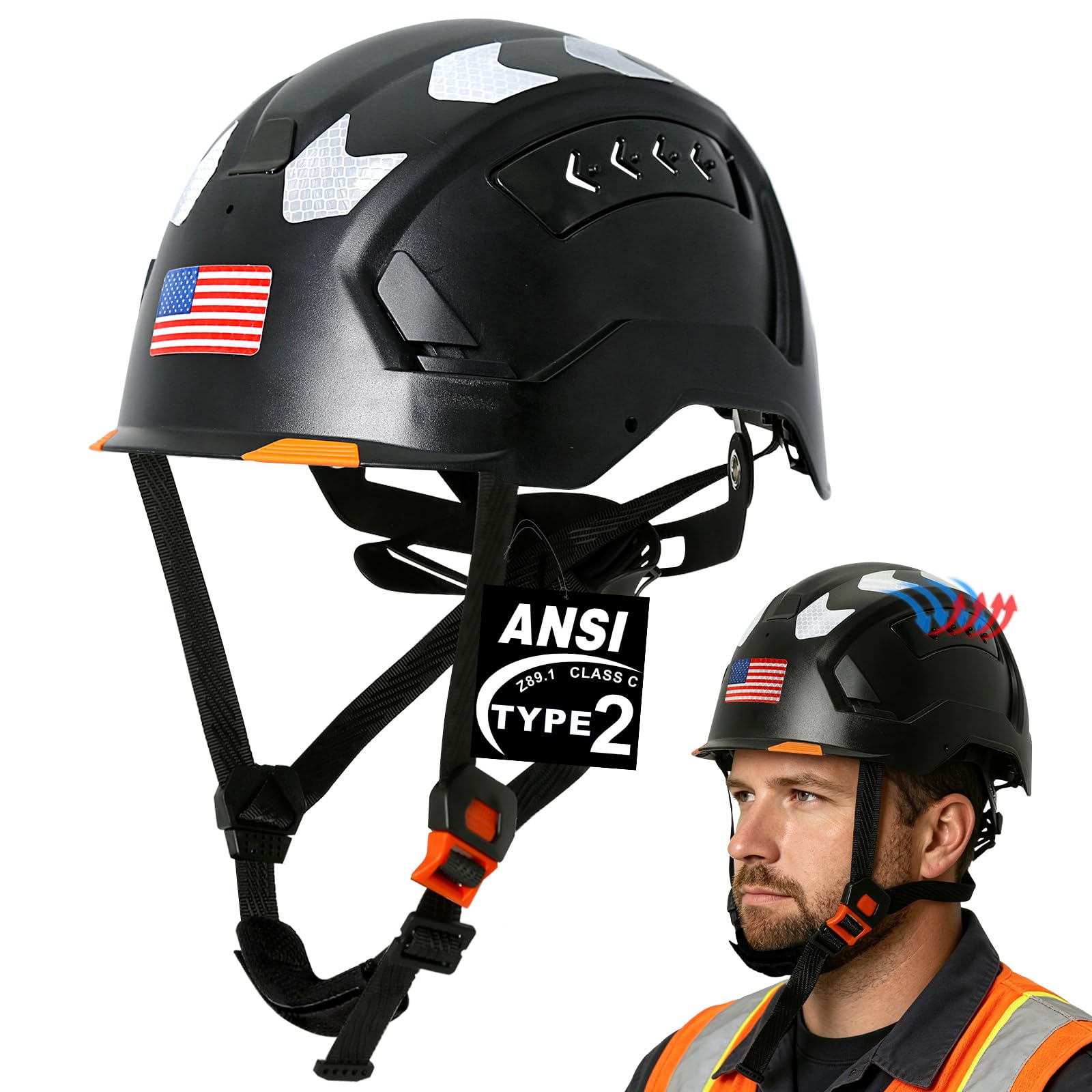 Aolamegs Type 2 Hard Hat with Chin Strap - ANSI Z89.1 Type II Class C OSHA Approved Construction Safety Helmet, EPS Foam Liner Vented Arborist Helmet for Constructor Ironworkers Workers