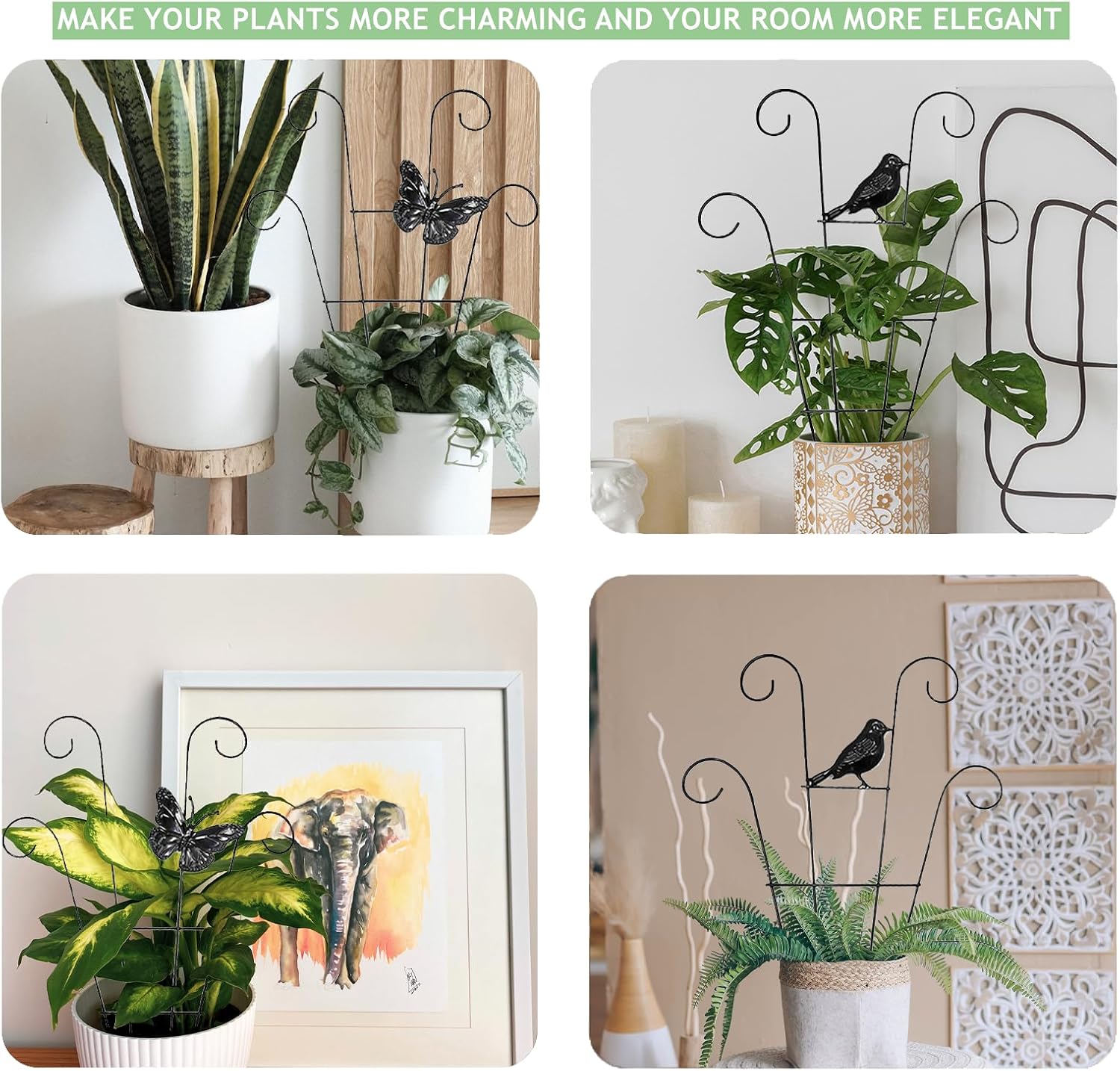 LONCHDAN Indoor Plant Trellis for Climbing Plants Indoor Trellis Stackable Indoor Metal Trellis 3 Pack for Garden Plants Support Small House Plant Trellis for Vines, Flower(3PCS Bird Trellis)