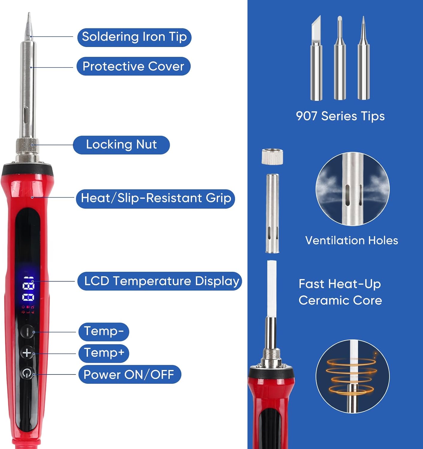 Soldering Iron Kit, 120W Soldering Tools with LCD Digital Display, 180°-500°C / 356°-932°F Adjustable Temperature, Auto Sleep, 907 Series Tips, for Electronics Repair, Jewelry, DIY Projects