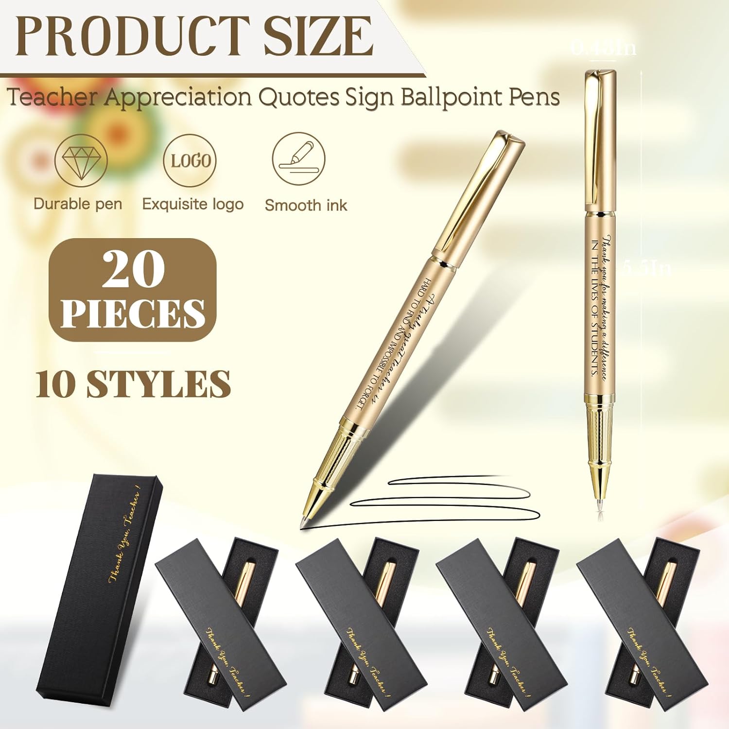 Seajan 20 Set Teacher Appreciation Gifts Pens with Thank You Boxes Inspirational Teacher Thank You Gifts Black Ink Ballpoint Pens Motivational Quote Valentine Appreciation Office Supplies(Gold) - Image 2