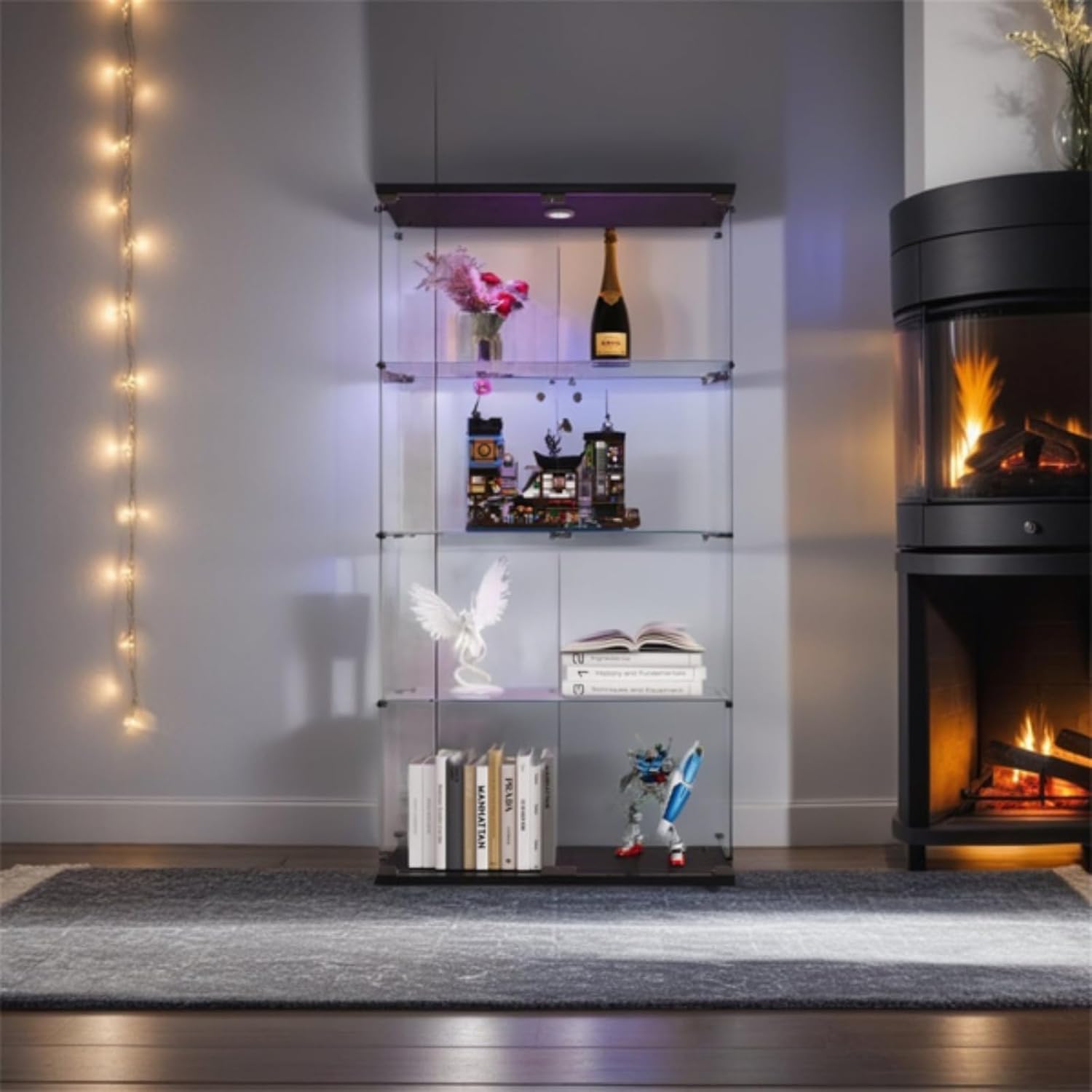 Glass Cabinet with Two Doors and Light, Glass Display Cabinet with 4 Shelves, Lockable, Adjustable Feet, Fixings, Black