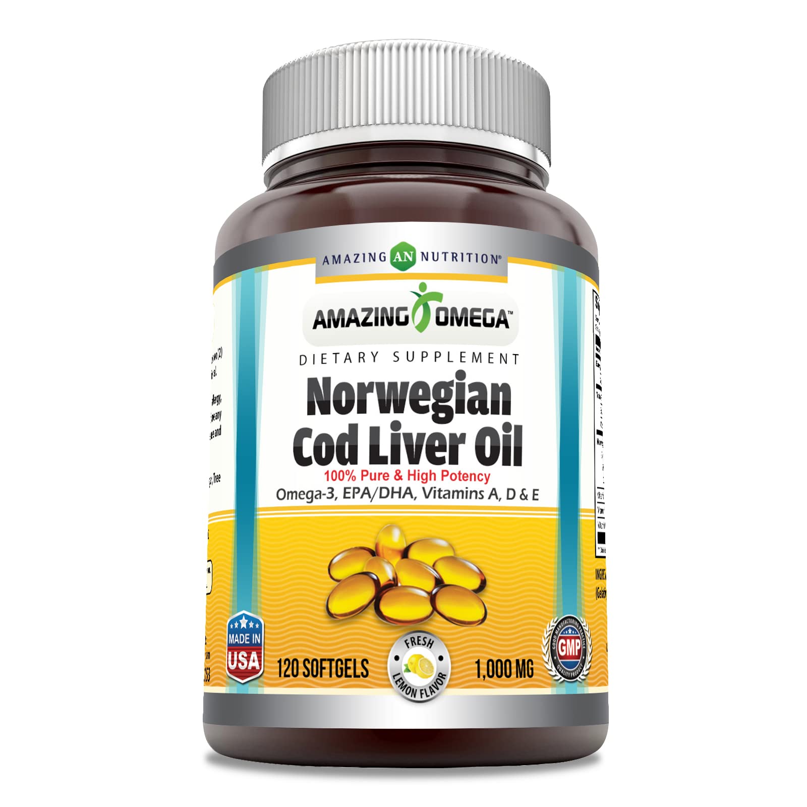 Amazing Omega Norwegian Cod Liver Oil 1000 Mg Softgels Supplement | Omega-3, EPA, DHA, Vitamin A, D & Vitamin E (Lemon | 120 Count)