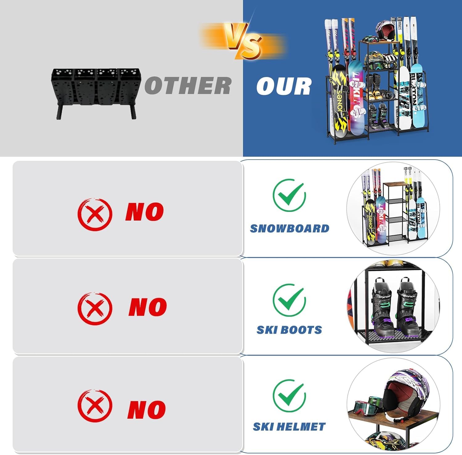 Skiständer, Freistehende Skihalter für die Garage, Stahl-Bodenständer Ski-Organizer für 4 Paar Ski, 3 Snowboards, Stiefel, Stöcke, Brillen, Helme, für Schuppen oder Keller(Beidseitiger Stil)