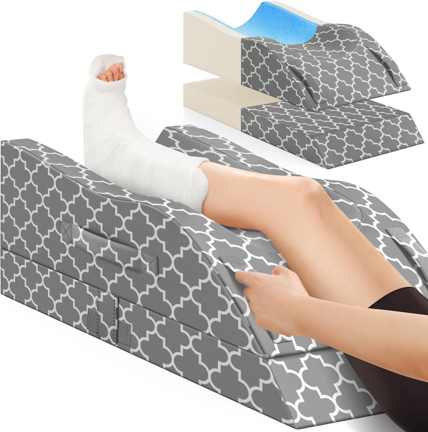 CloudBliss Leg Elevation Pillow for After Surgery, Adjustable Height Memory Foam Wedge Pillow with Cooling Ice Silk Cover, Ergonomic Leg Support for Knee, Comfort Care for Blood Circulation, Grey