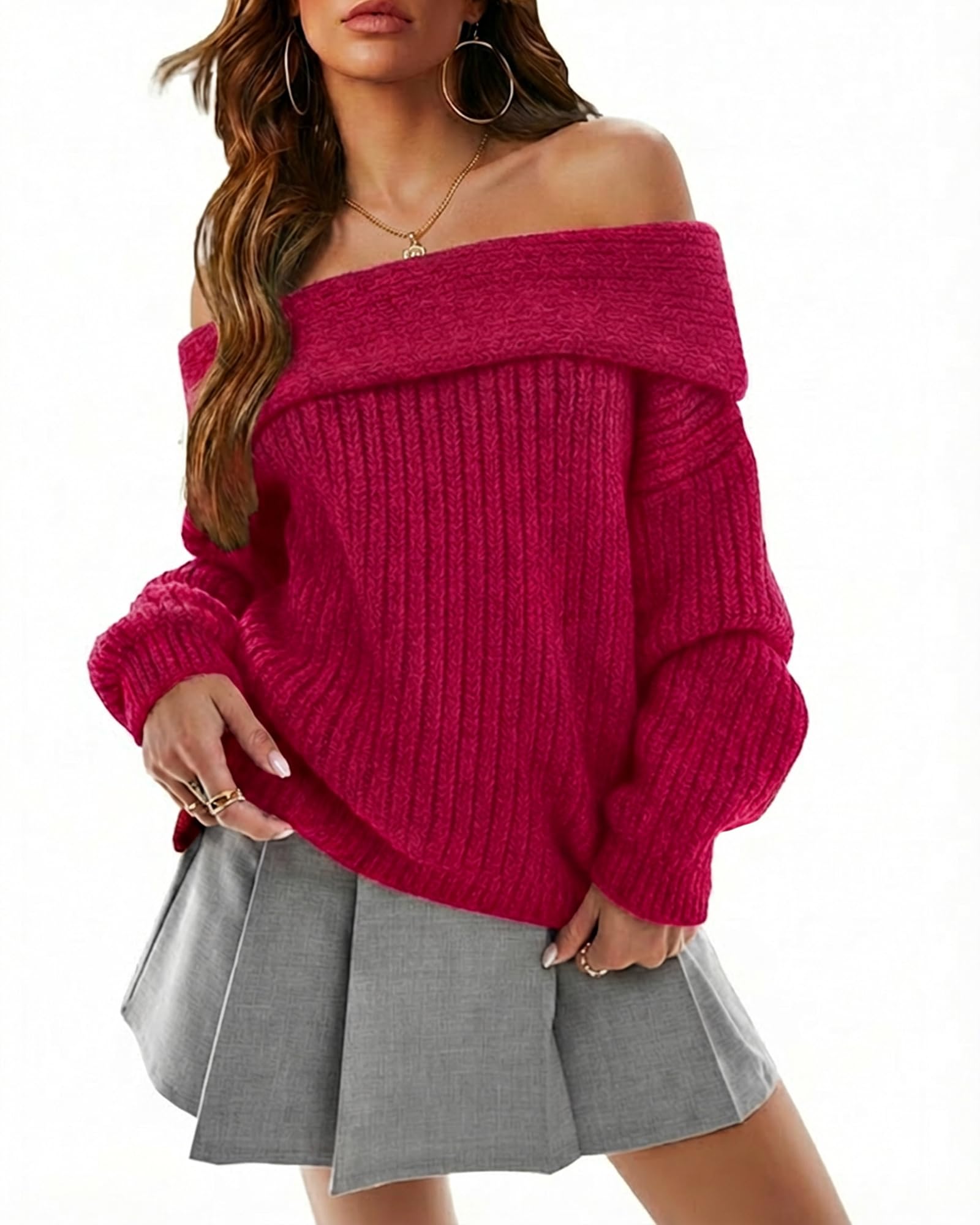 Womens 2025 Fall Oversized Off The Shoulder Sweaters Loose Long Sleeve Knit Pullover Tops