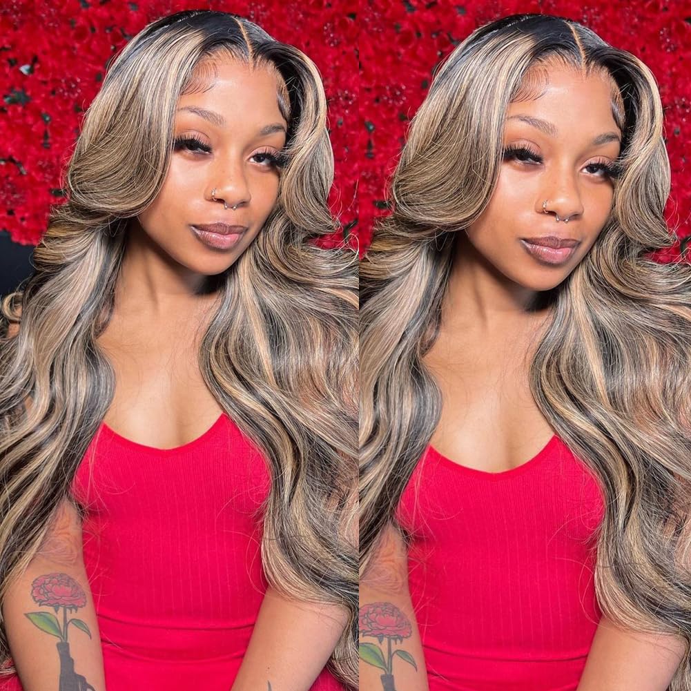 QUANDIAN 13x6 Body Wave Lace Front Wigs Human Hair 180% Density FB/27 Balayage Highlight Lace Front Wig Human Hair 24 Inch HD Lace Frontal Wigs