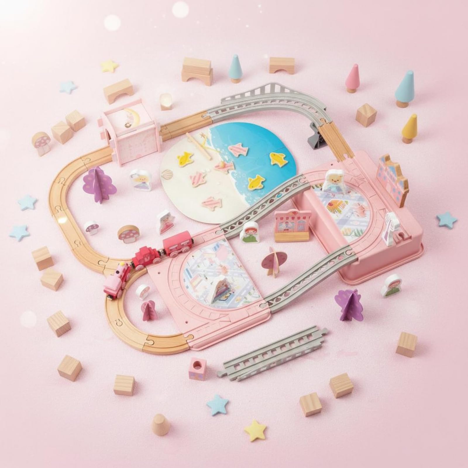 Kinder Aufbaustrecke Holz Eisenbahnset Spielbahn Kinderzug Spielset Holzstrecke Zum Zusammenstecken mit Brückenabschnitten Und Märchenszene für Freies