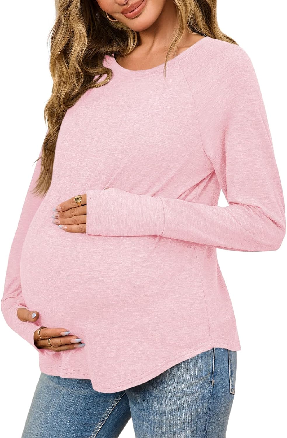 Yousify Womens Maternity Shirts Long Sleeve Round Neck Tops Pregnancy Clothes Loose Fit Casual Blouses with Thumb Holes