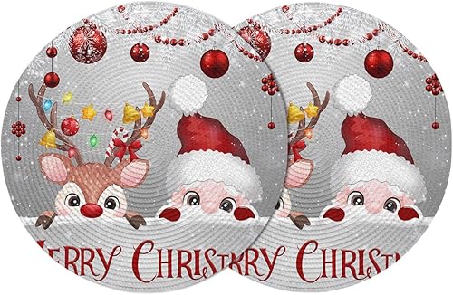 Set of 2 Placemats for Dining Table, Pine Needles Elk Elk Grey Merry Christmas 15 Inch Decorative Round Braided Place Mat for Kitchen Living Room