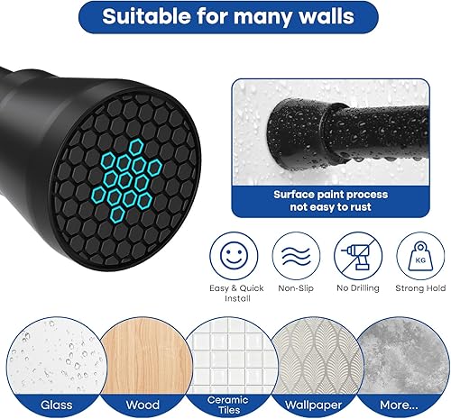 Miniatura 4 de Barra de cortina de ducha ajustable de 33 a 59 pulgadas, barra de cortina de ducha negra, barra de cortina de tensión expansible, barra de cortina