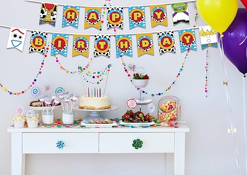 Miniatura 3 de Cartel de cumpleaños de Toy Theme Story para niños y adultos, pancarta inspirada en juguetes para decoración y suministros de fiesta de cumpleaños,