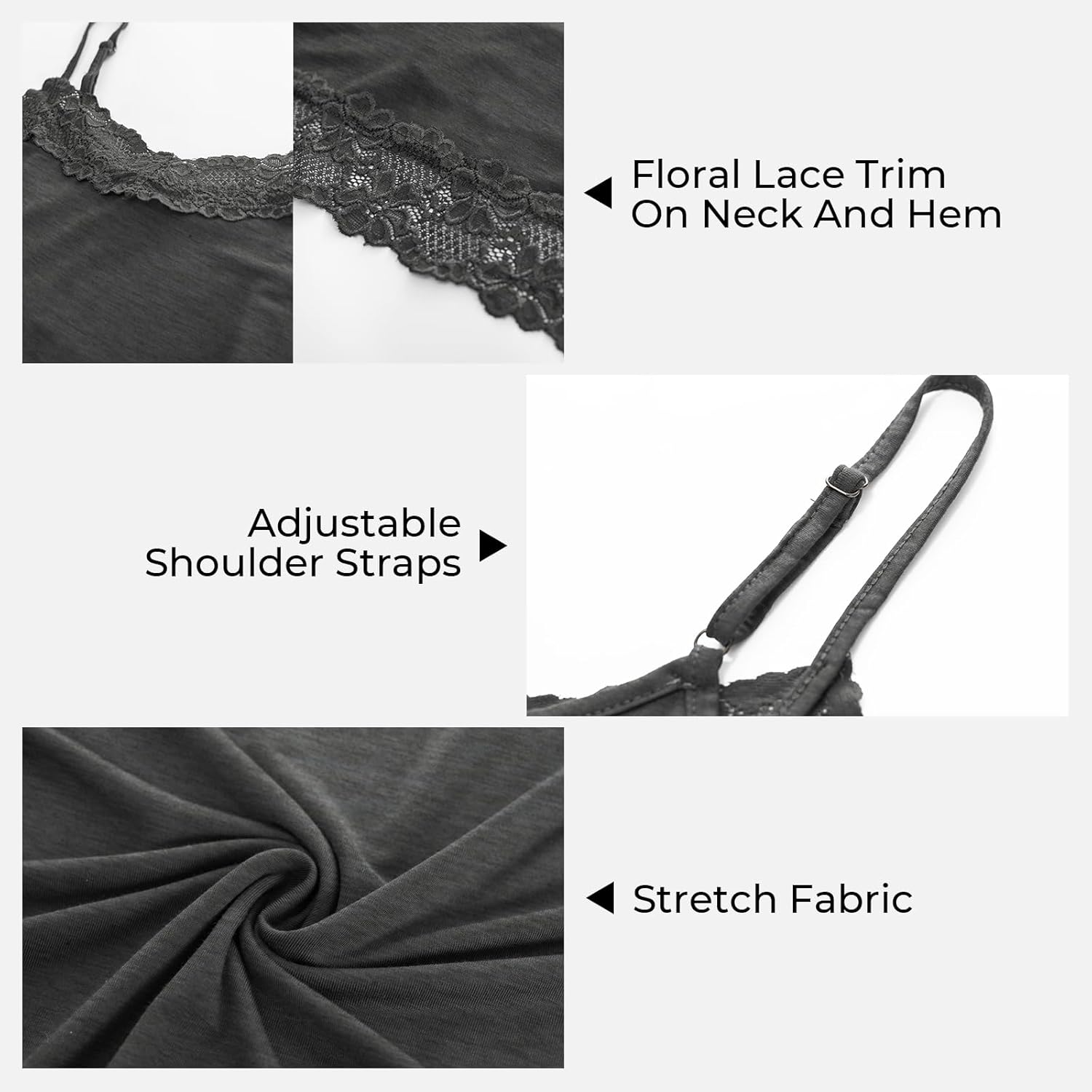 Kate Kasin Women's Adjustable Spaghetti Strap Lace Trim Cami Tunic Tank Top 3PACK - Image 4