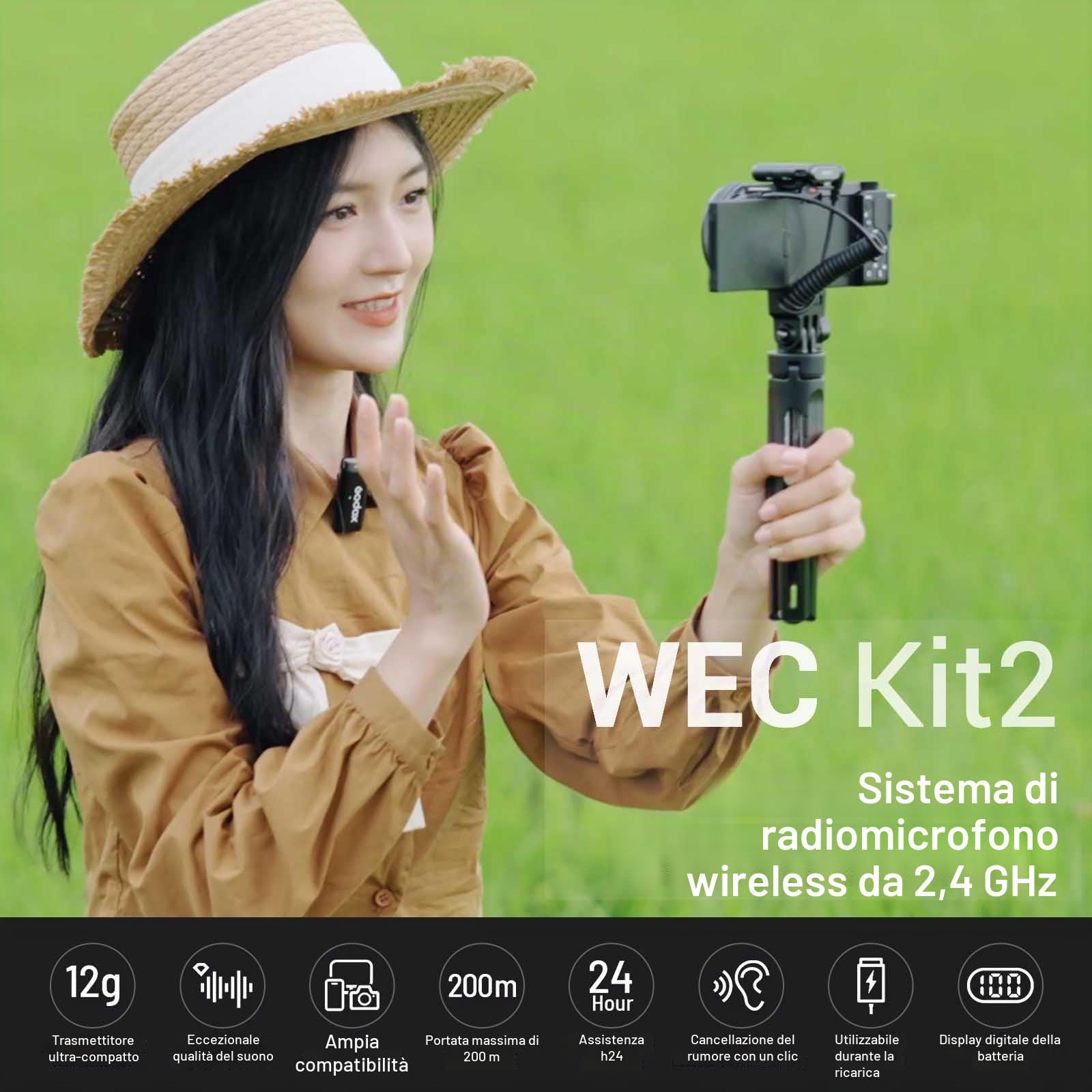 GODOX WEC kit2 Microfono lavalier wireless 2.4G a doppio canale,Durata batteria 8 ore, portata 200 m, cancellazione del rumore con custodia di ricarica per fotocamere, smartphone, PC, TikTok, YouTube