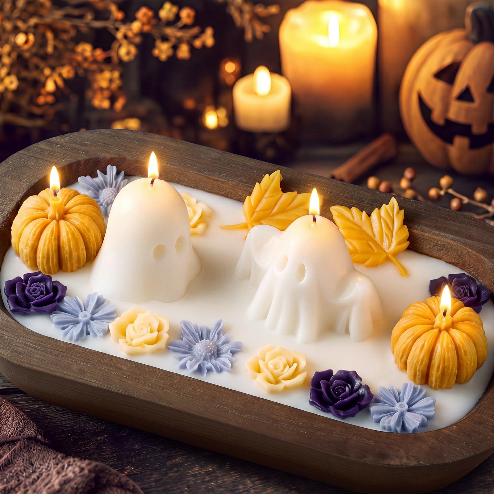 Siifert Vela de madera para Halloween con forma de cuenco de masa de fantasma, 3 mechas perfumadas con 100% cera de soja, decoraciones navideñas, decoración espeluznante de habitación