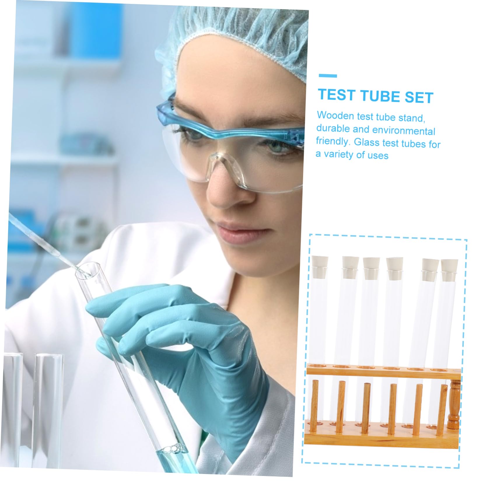 Set di Provette in Vetro con Tappi e Portaprovette in Legno per Esperimenti Scientifici Laboratorio e Attività Creative, Spazzola per Pulizia Inclusa