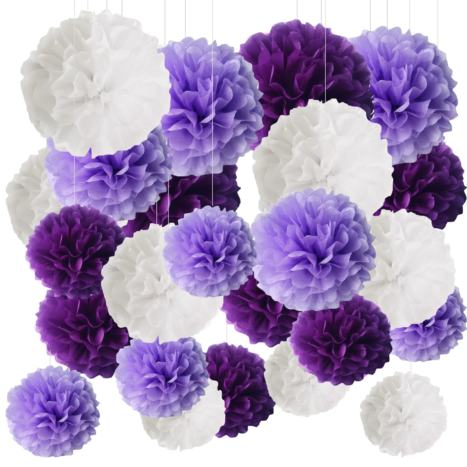 Pompones de Papel, 24 Piezas Decoración de Pompones, Tissue Pom Poms, Tissue Pom Pom Flores de Papel, 3 Colores y 3 Tamaños para Decoraciones de Boda, Morado, Morado claro, Blanco