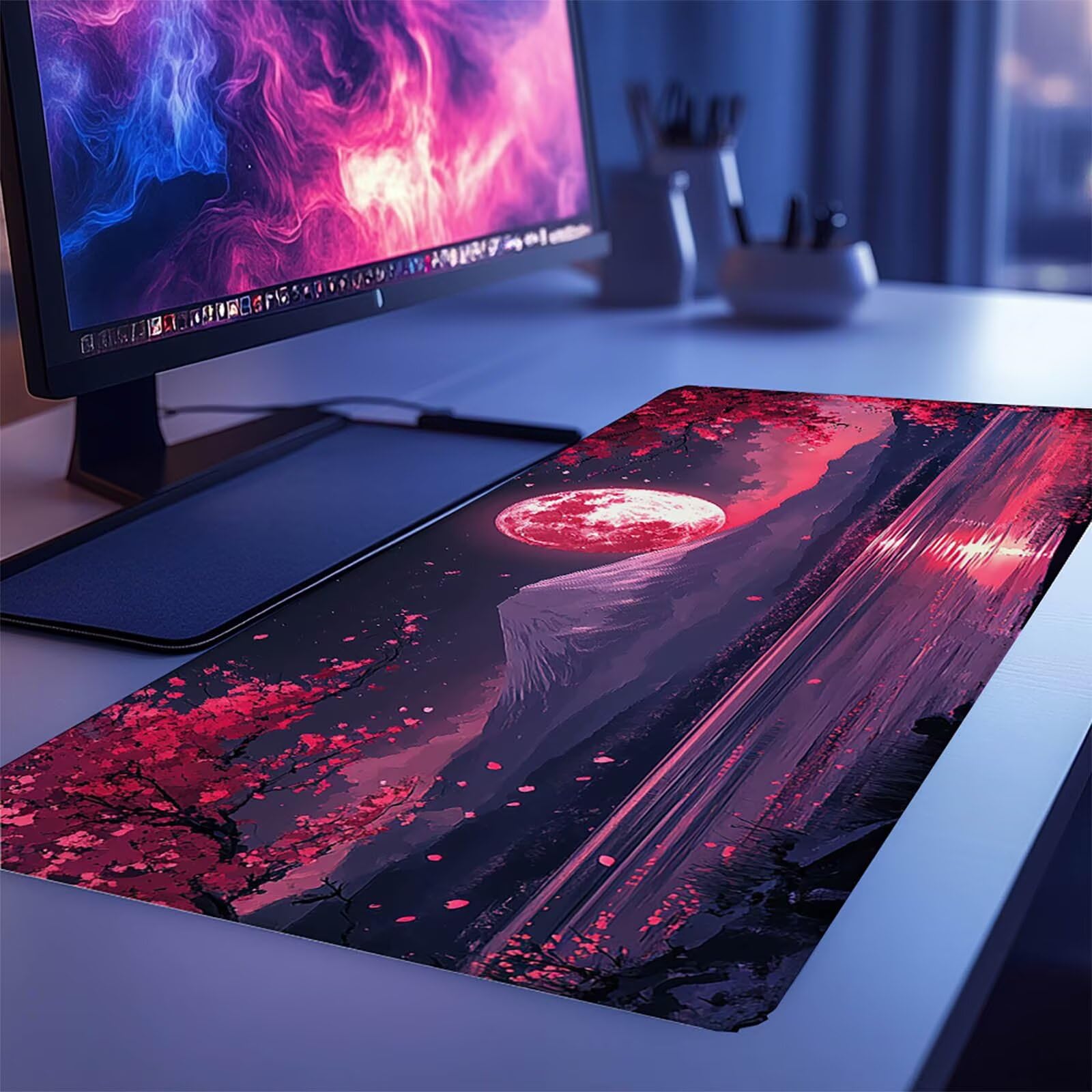 Podkładka pod mysz z kwiatami wiśni XXL 1400 x 600 x 3 mm, pod ręką uchwyt na biurko Fuji z antypoślizgową i wodoodporną gumową podstawą, poprawia precyzję i szybkość, dekoracja na biurko GYL5000