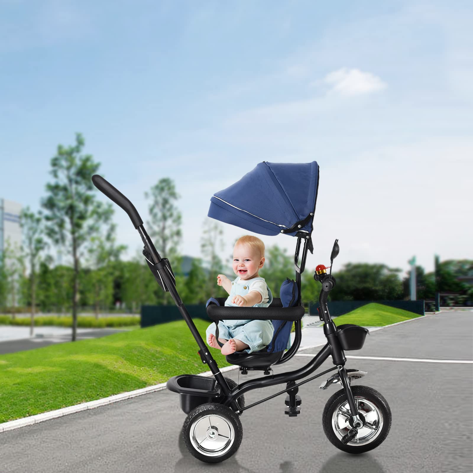 Tricycle Enfants évolutif Canne et Pare-Soleil Pliable Amovible Sacoche et Panier Acier Tricycle Enfant Évolutif, Vélo, Accessoires, jusqu'à 5 Ans (4 en 1 (Bleu Foncé))