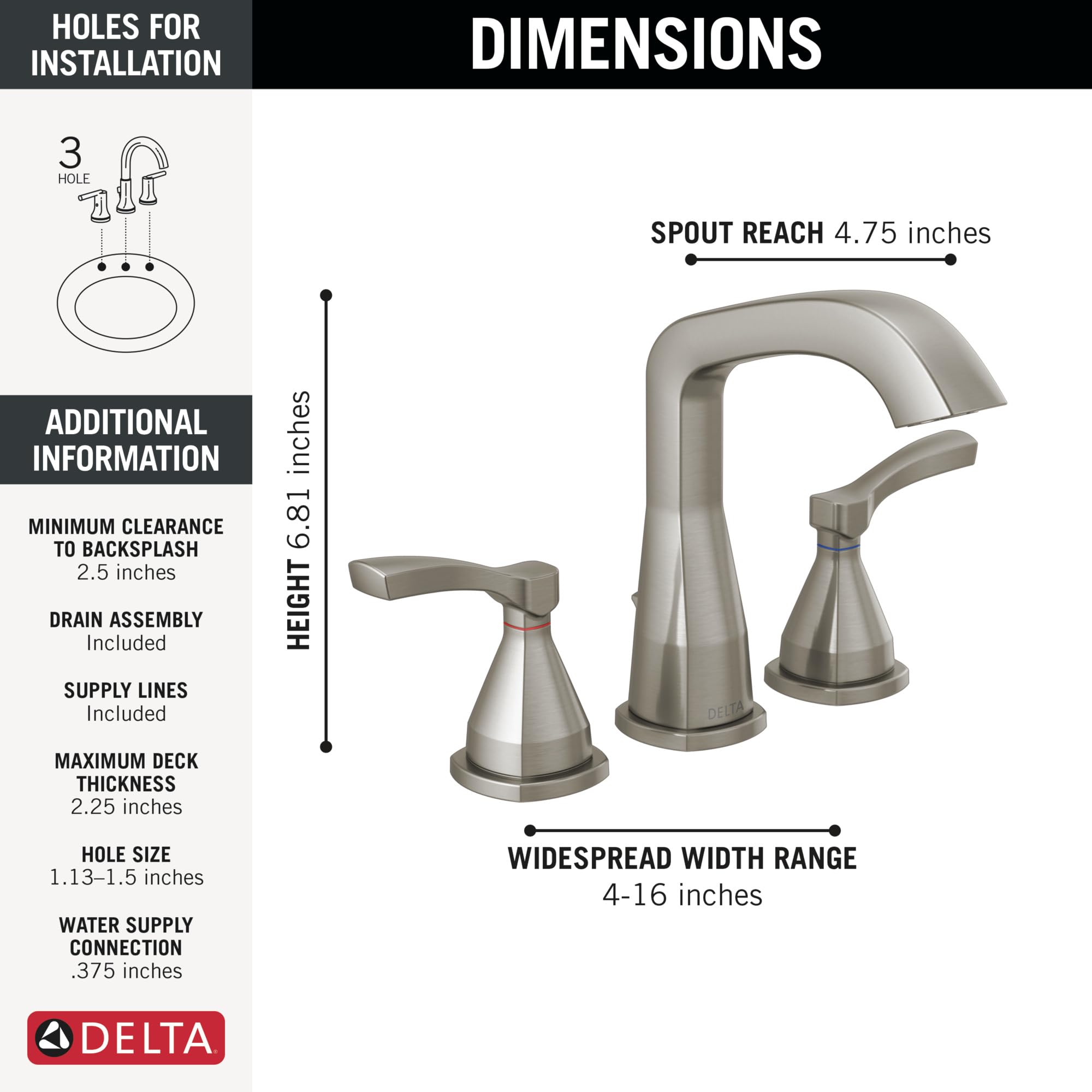 Delta Faucet Stryke Widespread Bathroom Faucet 3 Hole, Brushed