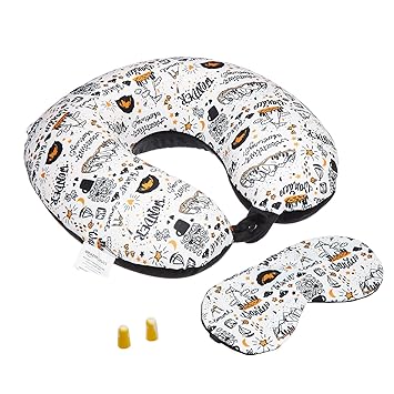 amazon basics 100% Memory Foam Travel Neck Pillow with Eye Mask and Ear Plugs Combo|Ergonomically Designed for Ultimate Comfort, Perfect for Air, Car, Train, Bus Travel- Travel Wonder, Standard Size - image, photos