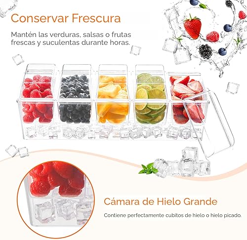 Miniatura 4 de Lifewit Bandeja de condimentos enfriada con hielo con 5 recipientes (2.5 tazas), servidor de condimentos con tapas separadas, bandeja para servir